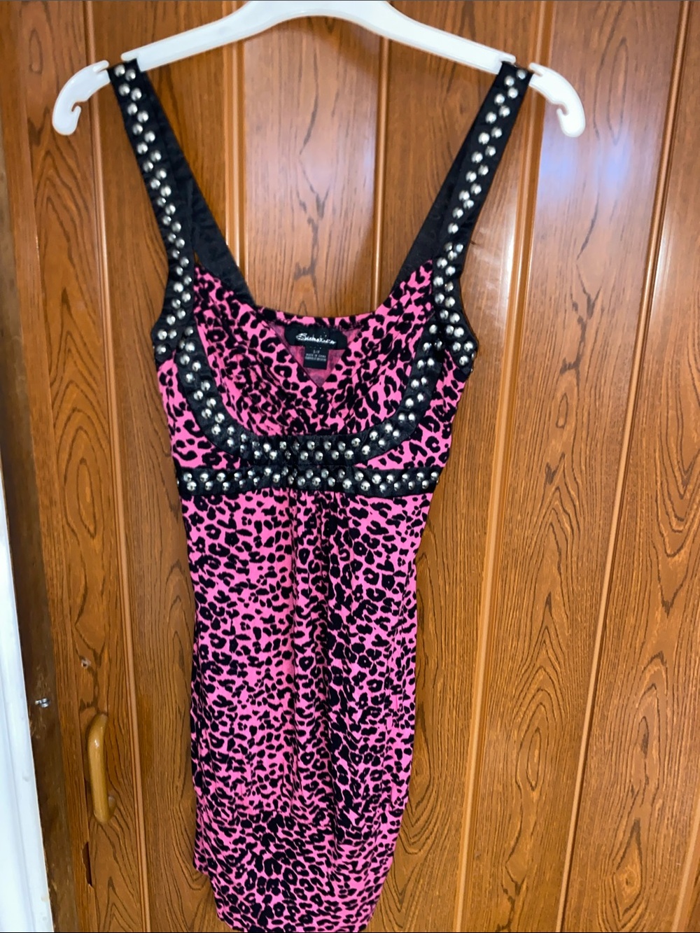 Vintage Studded Pink Leopard-Print Bodycon Dress
